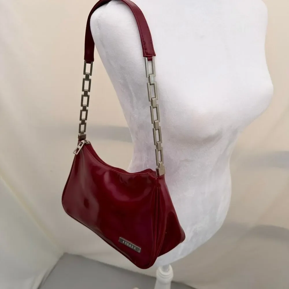 Strada VTG Cherry Red Vegan Leather Shoulder Bag W Silver Chain Strap Purse 90's - Picture 1 of 8